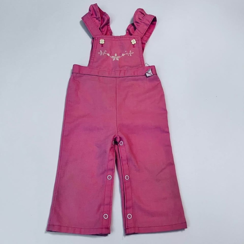 Vintage Baby Pink Floral Ruffle Overalls 12M Embroidered Romper